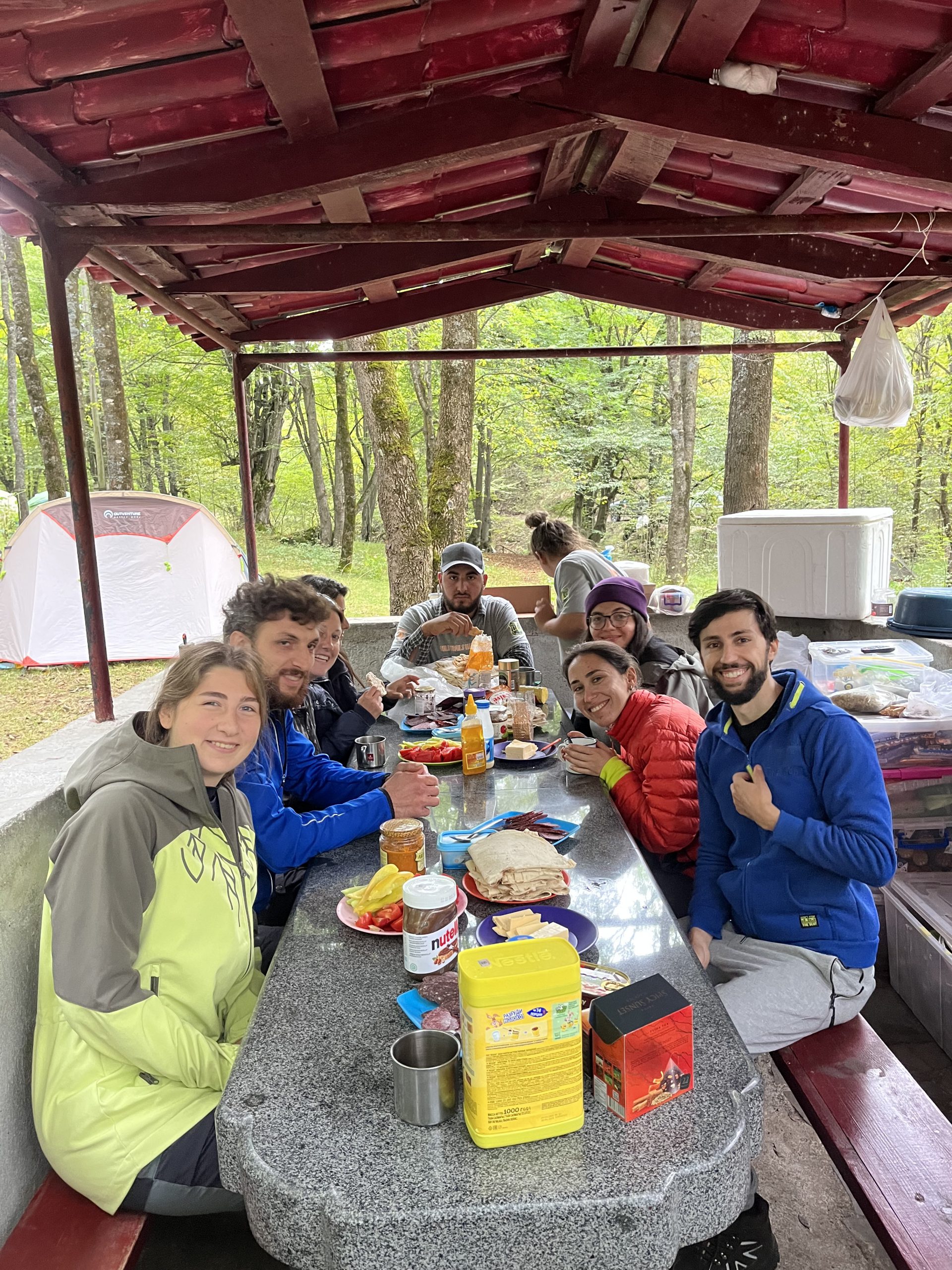 Enjoying a hearty breakfast in Lori, Armenia.