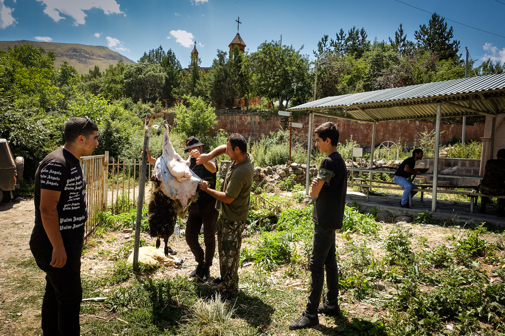 Matagh, the ritual preparation of a sacrificial animal to thank God– in this case, celebrating the safe return of two local boys from their military service (plus a birthday). Part of the meat is always kept aside to give to strangers, a role you might be very happy to play as a hungry hiker.