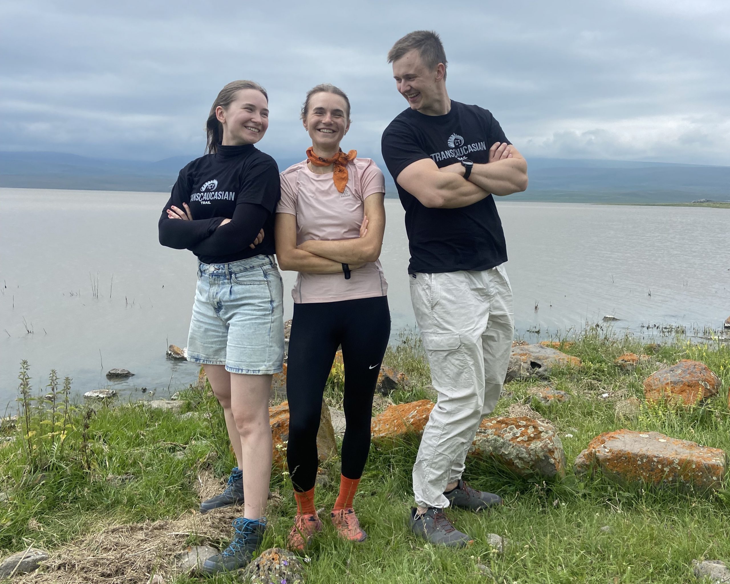 Trail complete! Lisa, Katya, and Jonas celebrate at Lake Arpi, the northern terminus of the TCT in Armenia.