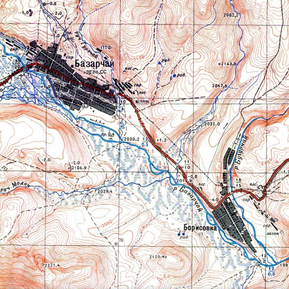 Soviet military map of Bazarchay and Borisovka, pre-reservoir.