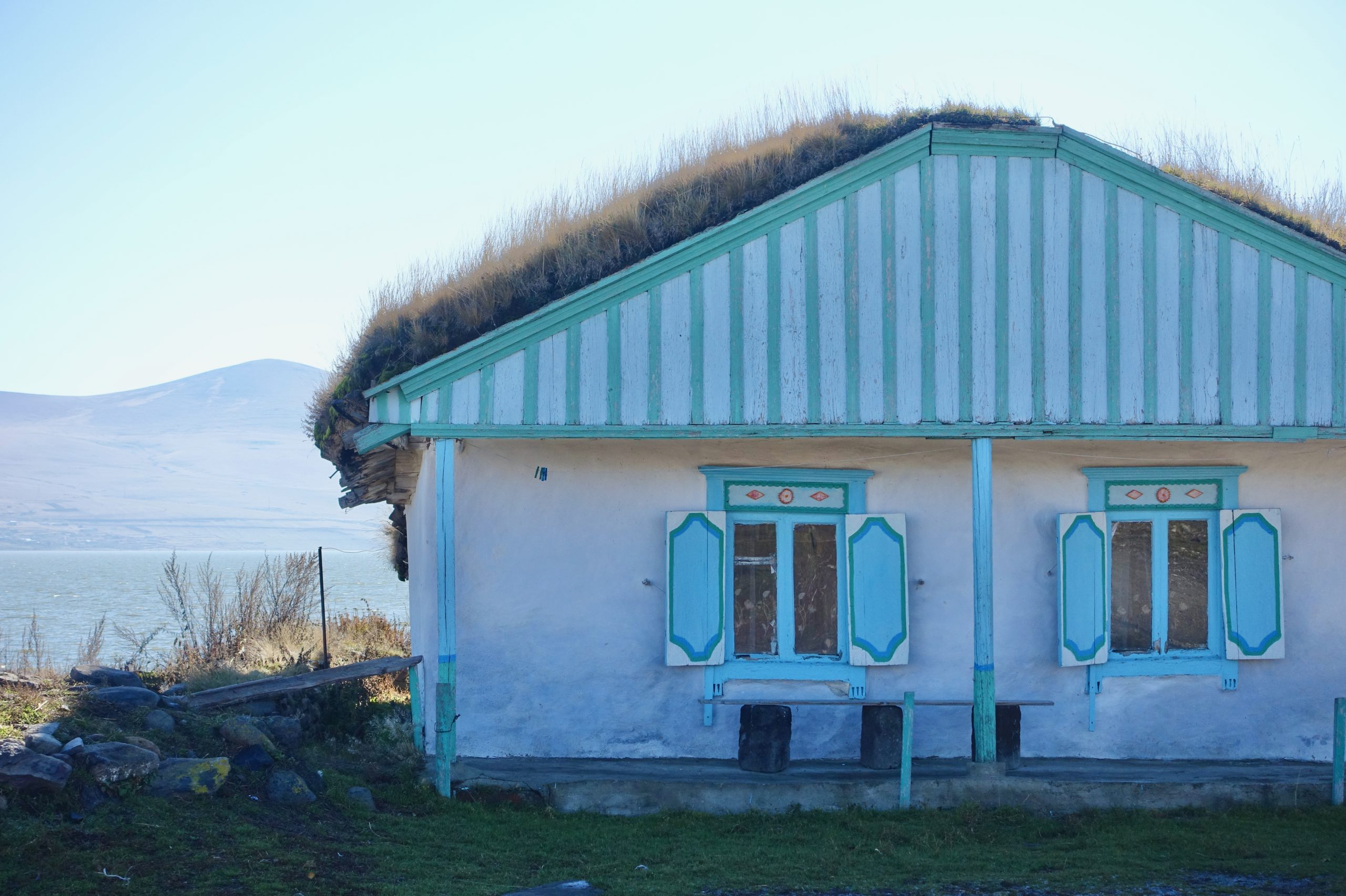 Doukhobor village house with traditional blue window frames