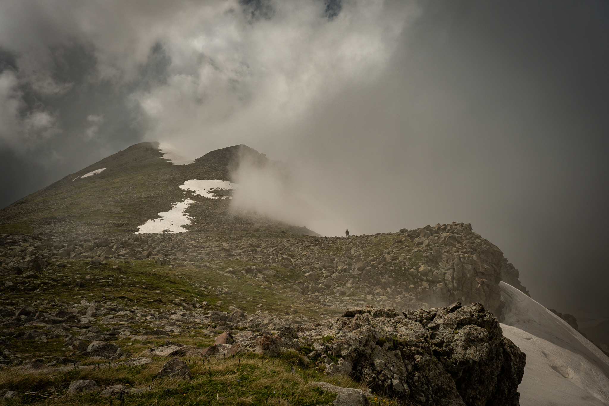 Samsari Pass with lingering snow on the north-facing side