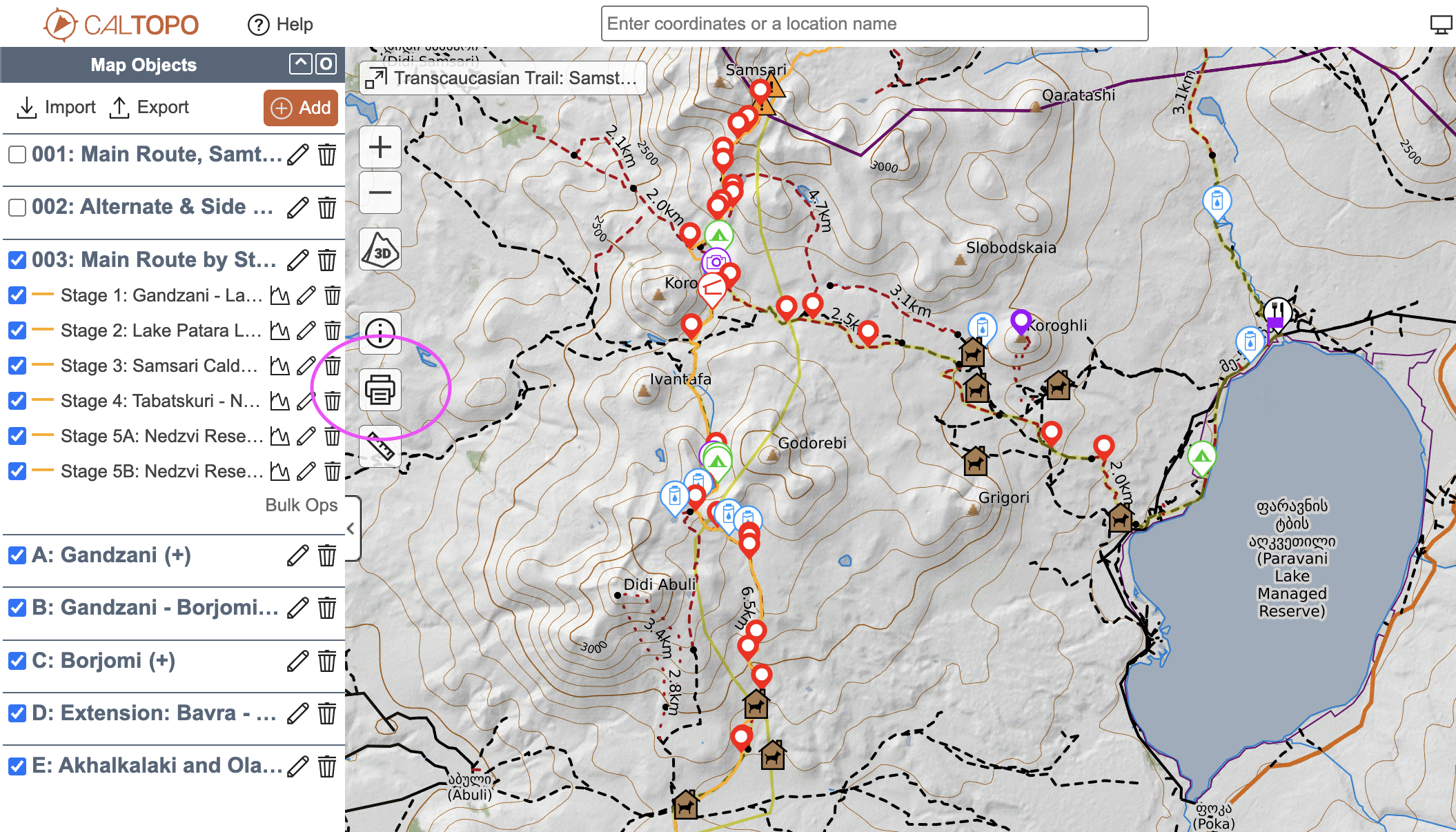 TCT interactive CalTopo map of Samtskhe-Javakheti showing the route